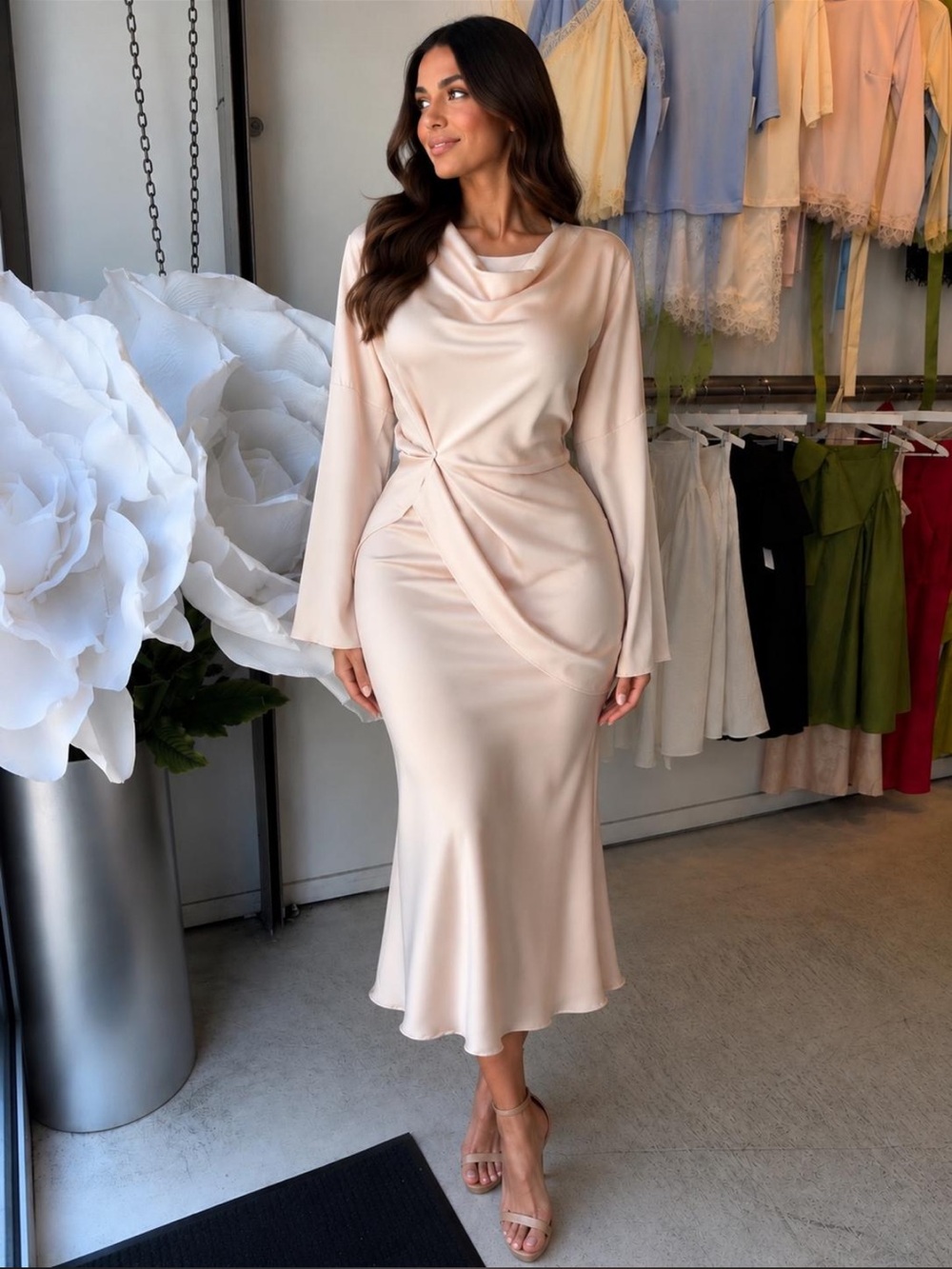 Cream Satin Draped Midi Dress - Women